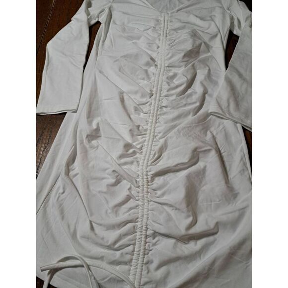 New XL Runs Small Off White Long Sleeve Sexy Bodycon Ruched Front Mini Dress - Picture 4 of 5